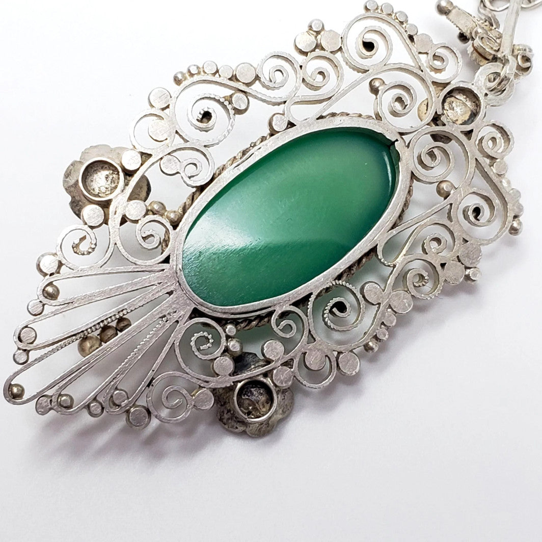 Art Nouveau Emerald Cabochon Art Glass Silver Necklace