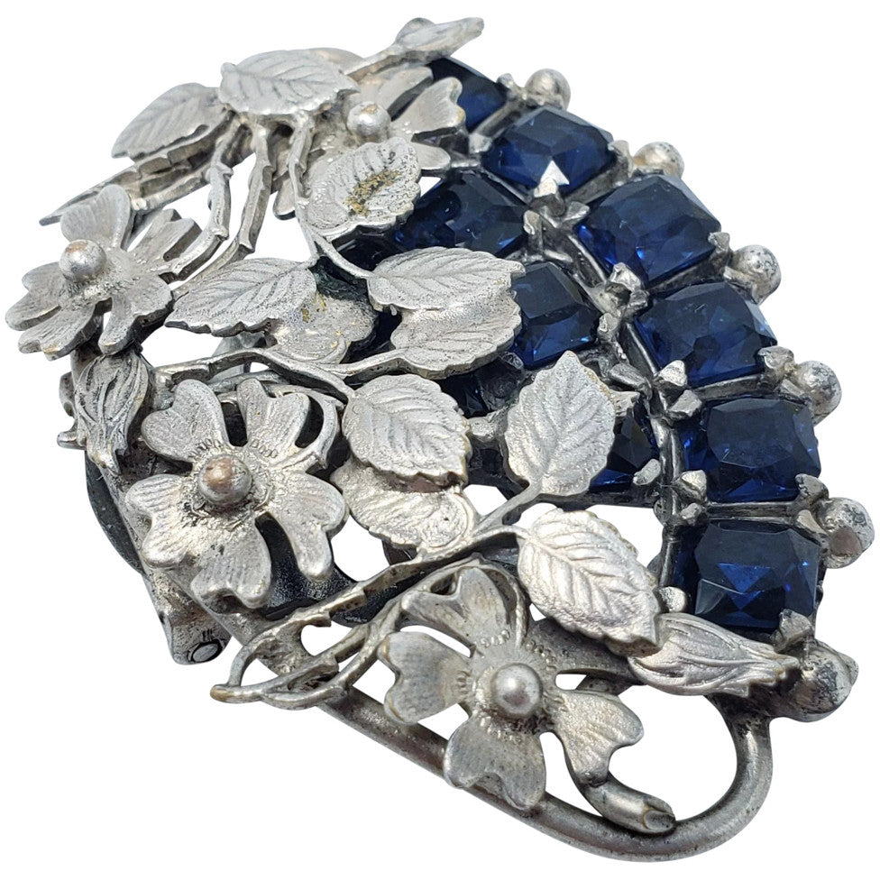 Art Noveau Sapphire Rhinestone Silvertone Clip
