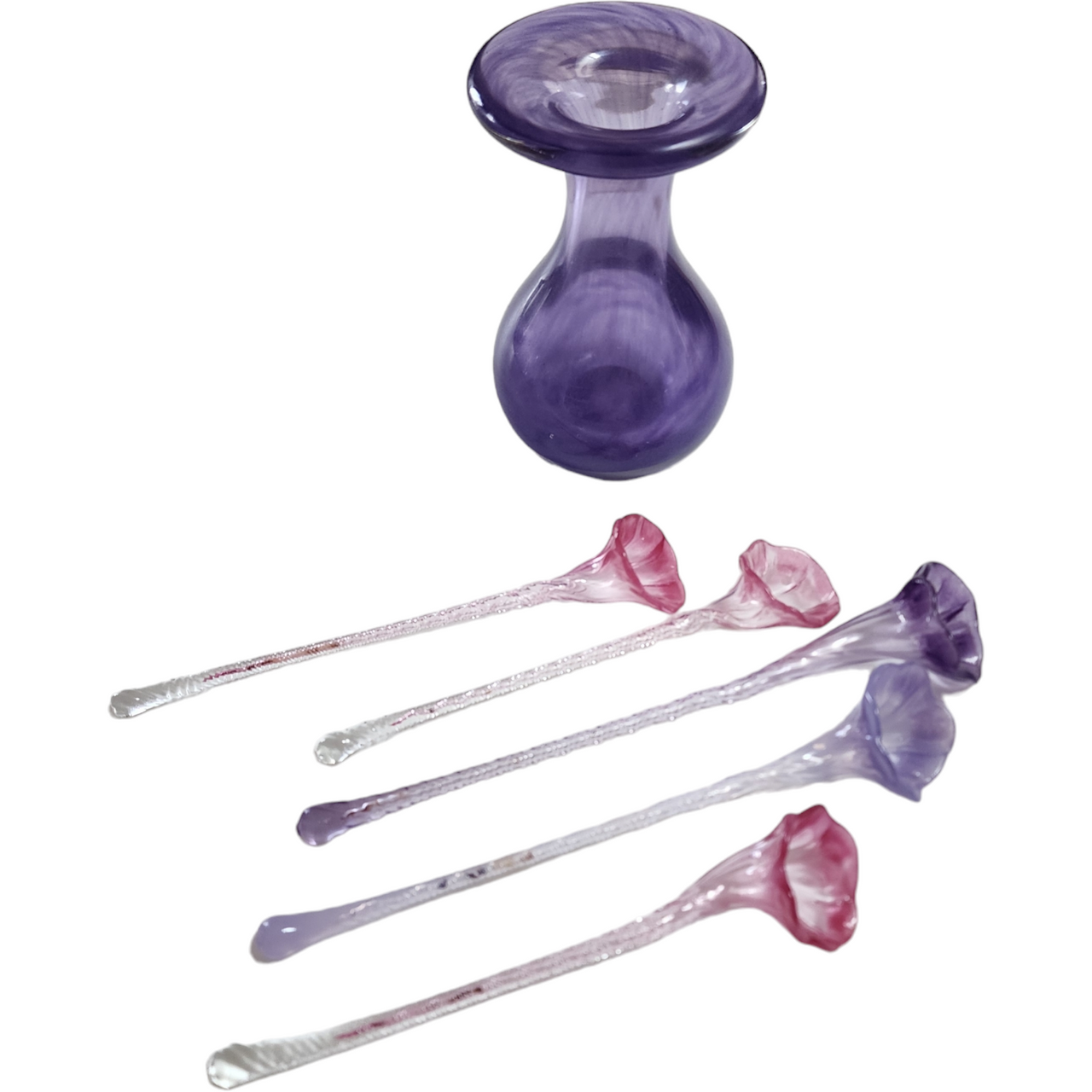 Art Amethyst Glass Hand Blown Vase and Flower Bouquet
