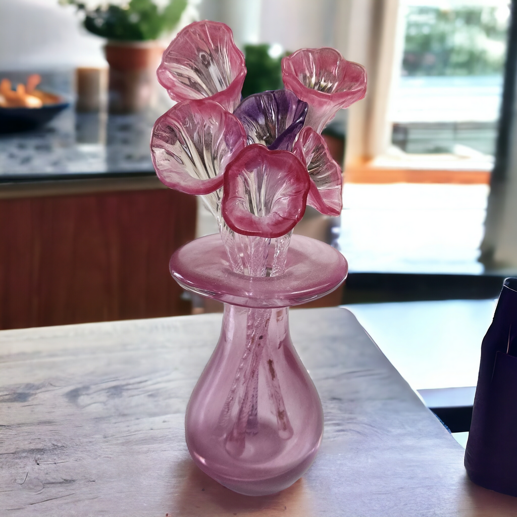 Art Cranberry Glass Hand Blown Vase and Flower Bouquet