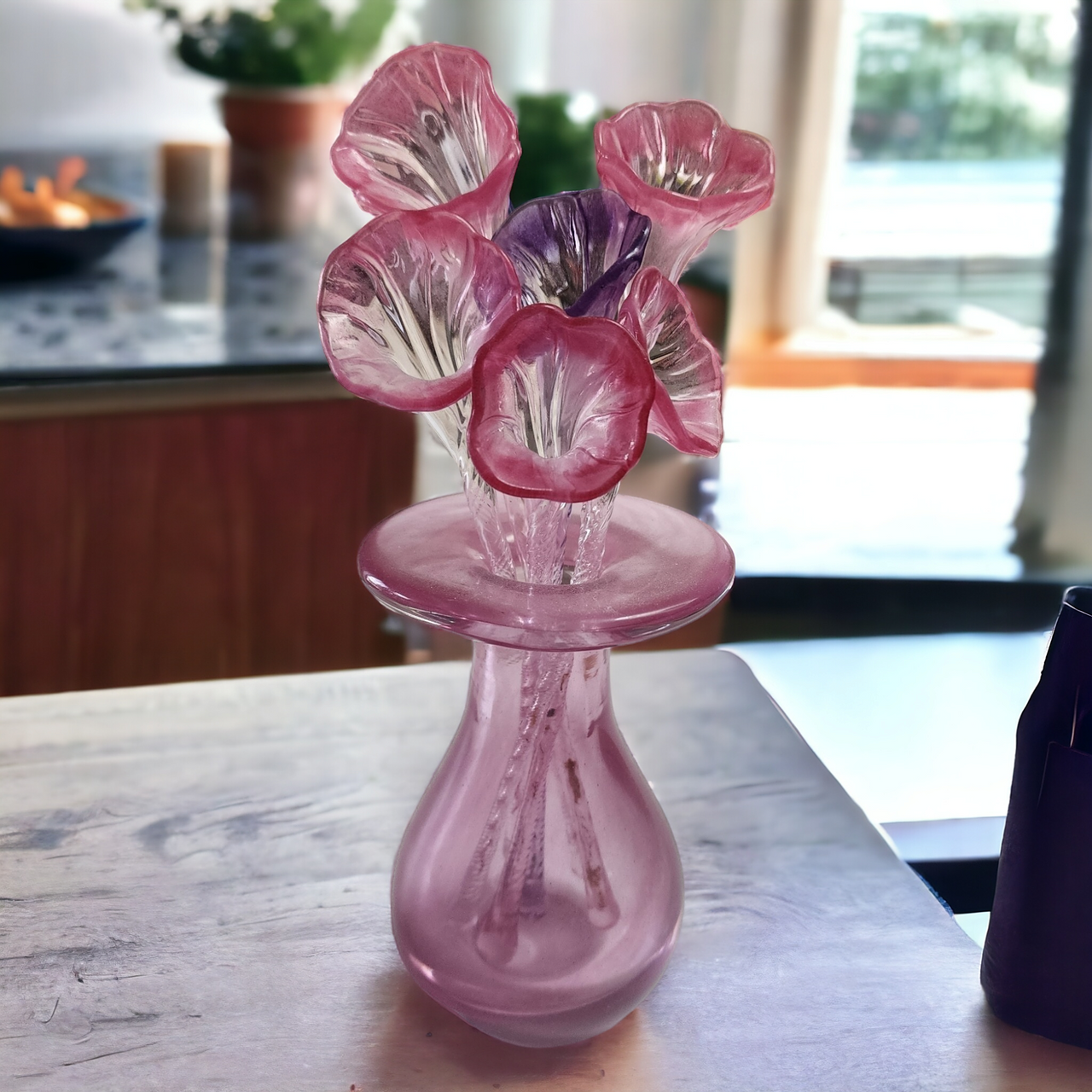 Art Cranberry Glass Hand Blown Vase and Flower Bouquet
