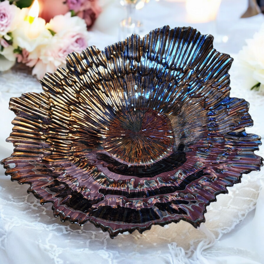 Gold Foil Amethyst Hand Blown Art Glass Large Decorative Bowl