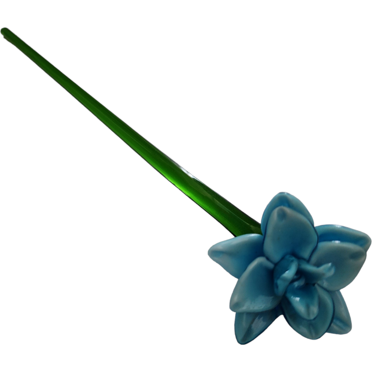 Art Glass Blue Daffodil Hand Blown Green Stem Flower Murano Style