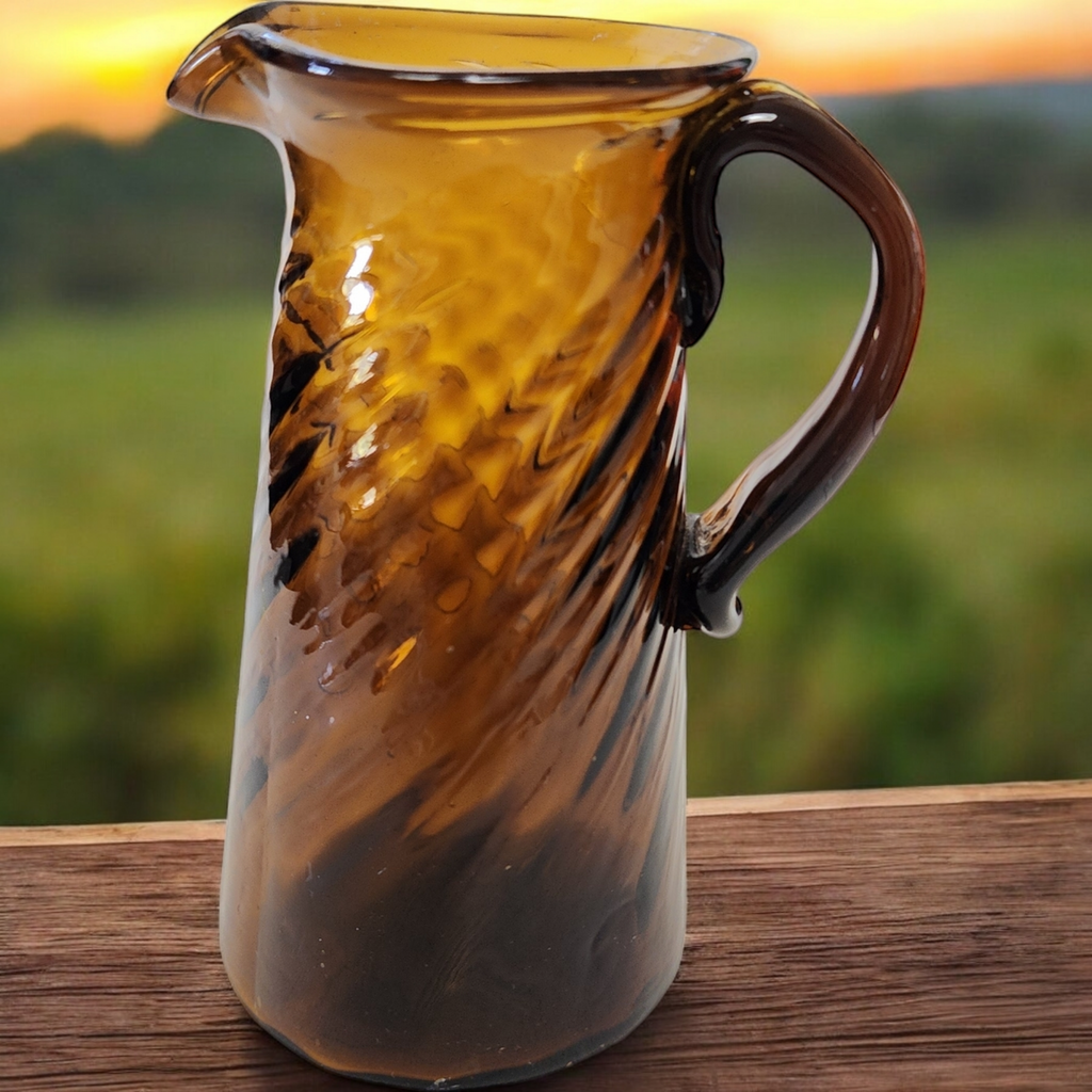 Art Hand Blown Glass Amber Twisted Ribbed Cream Pitcher Vase
