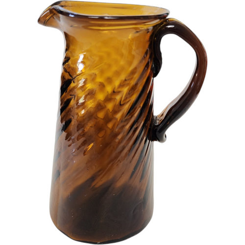 Art Hand Blown Glass Amber Twisted Ribbed Cream Pitcher Vase