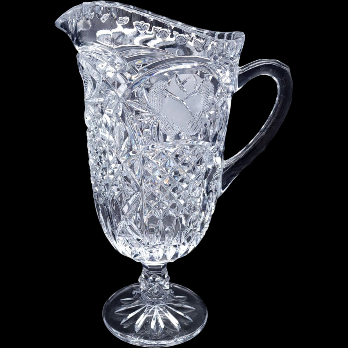 Avitra Crystal Etched Rose Footed Glass Pitcher Footed Jug 36 oz