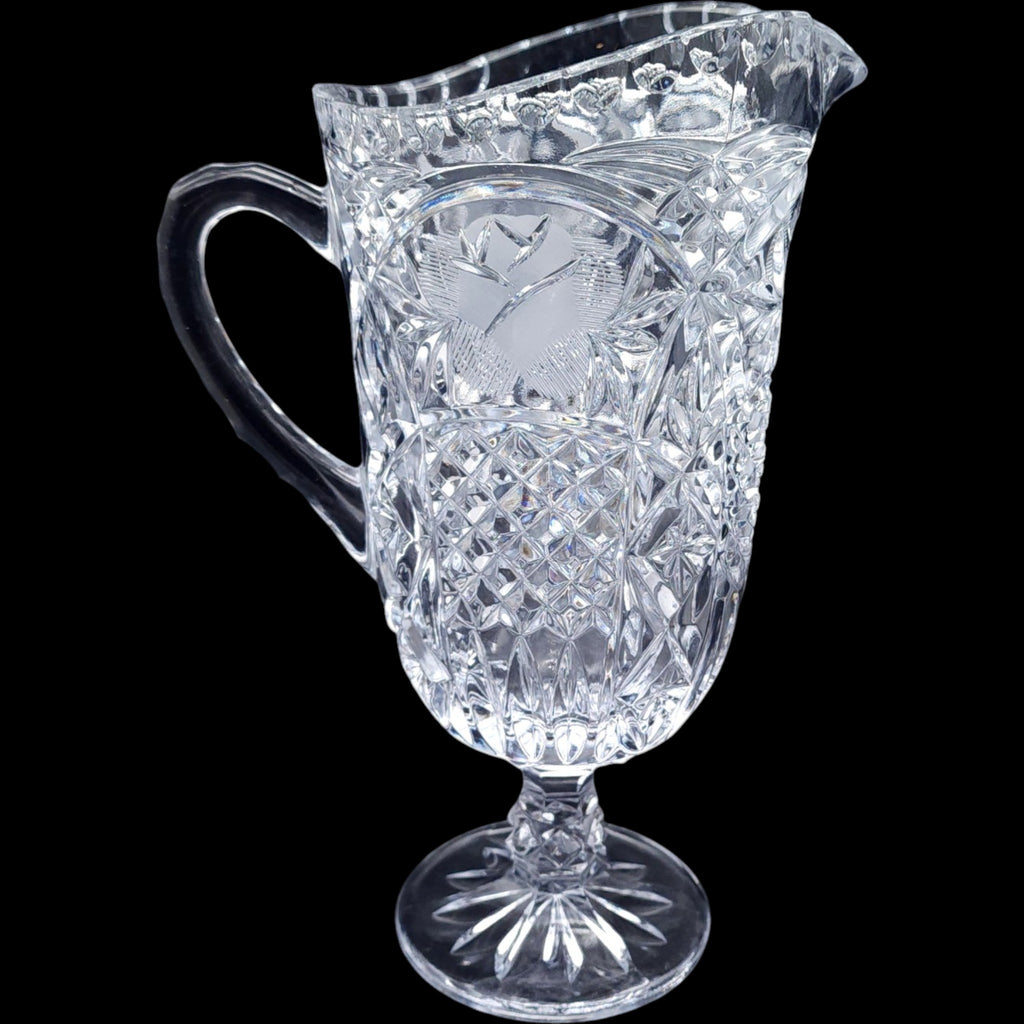 Avitra Crystal Etched Rose Footed Glass Pitcher Footed Jug 36 oz
