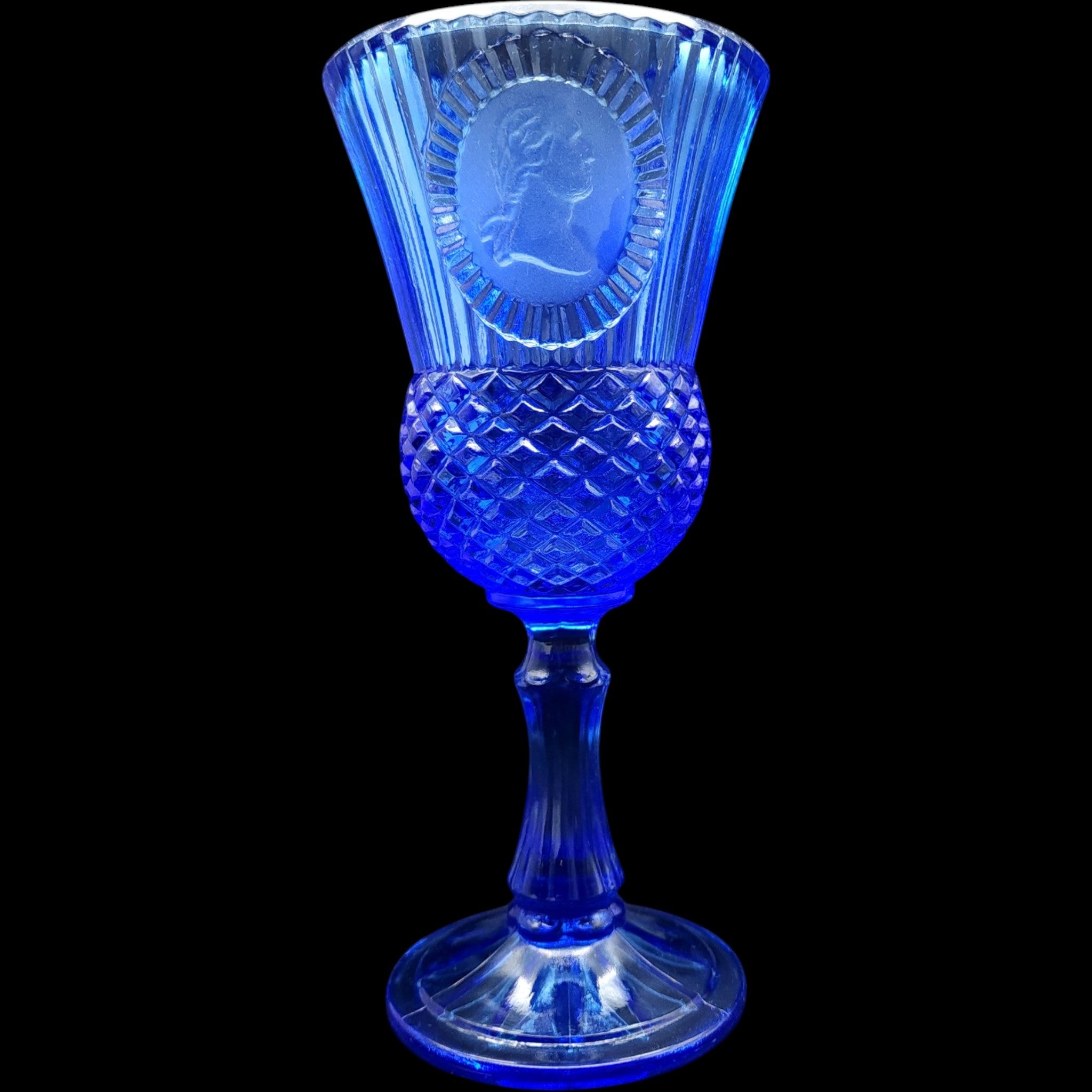 Avon Fostoria Cobalt Blue Glass Cameo Goblet Candleholder George Washington