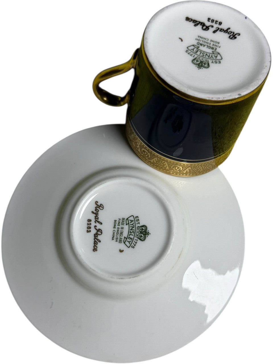 Aynsley England Buckingham Cobalt Blue & Gold Flat Demitasse Cup & Saucer Set Bone China