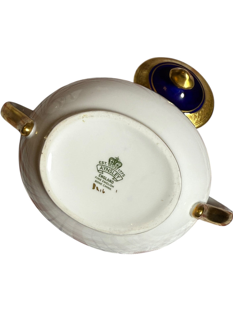 Aynsley England Buckingham Cobalt Blue & Gold Sugar Bowl with Lid Bone China Display Piece Cracked