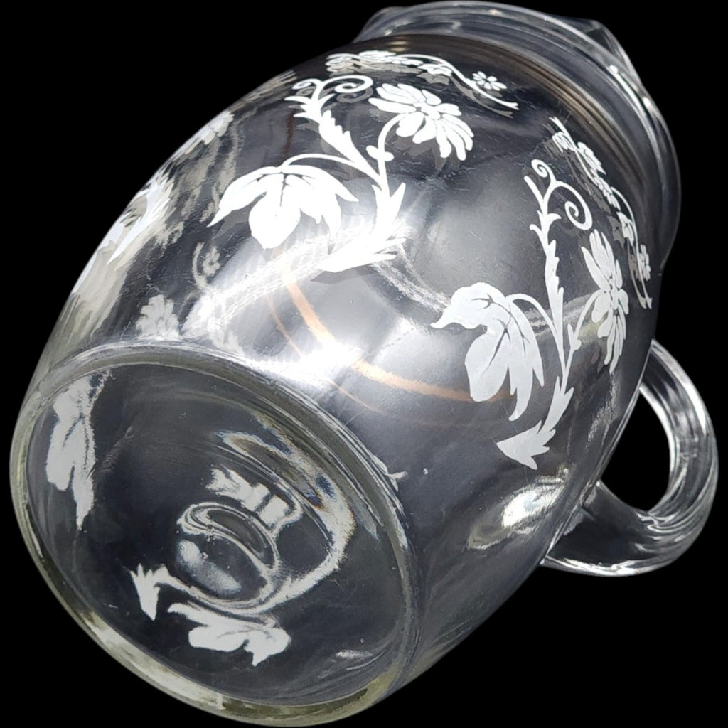 Bartlett Collins Clear Glass Pitcher with White Floral Pattern and Gold Trim