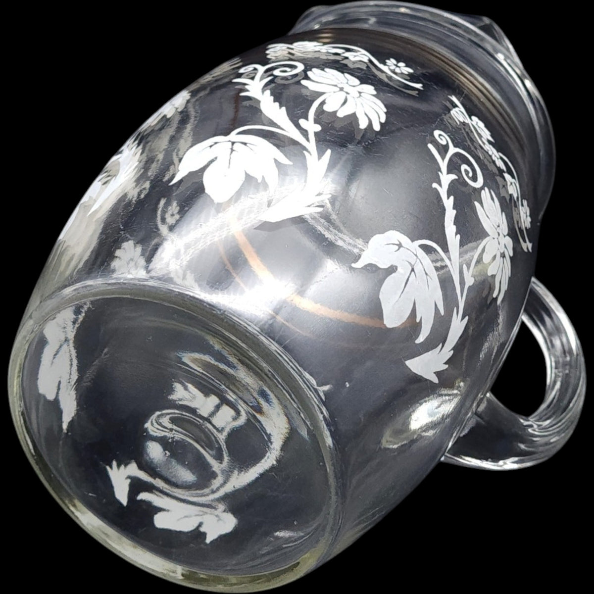 Bartlett Collins Clear Glass Pitcher with White Floral Pattern and Gold Trim