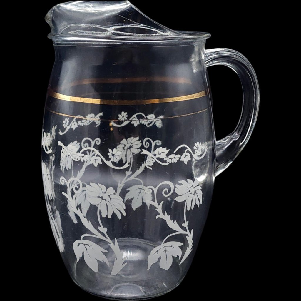 Bartlett Collins Clear Glass Pitcher with White Floral Pattern and Gold Trim