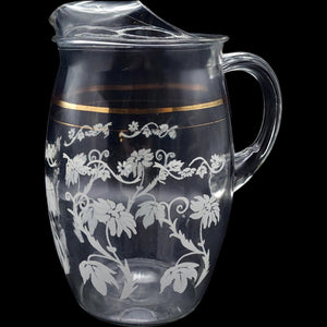 Bartlett Collins Clear Glass Pitcher with White Floral Pattern and Gold Trim