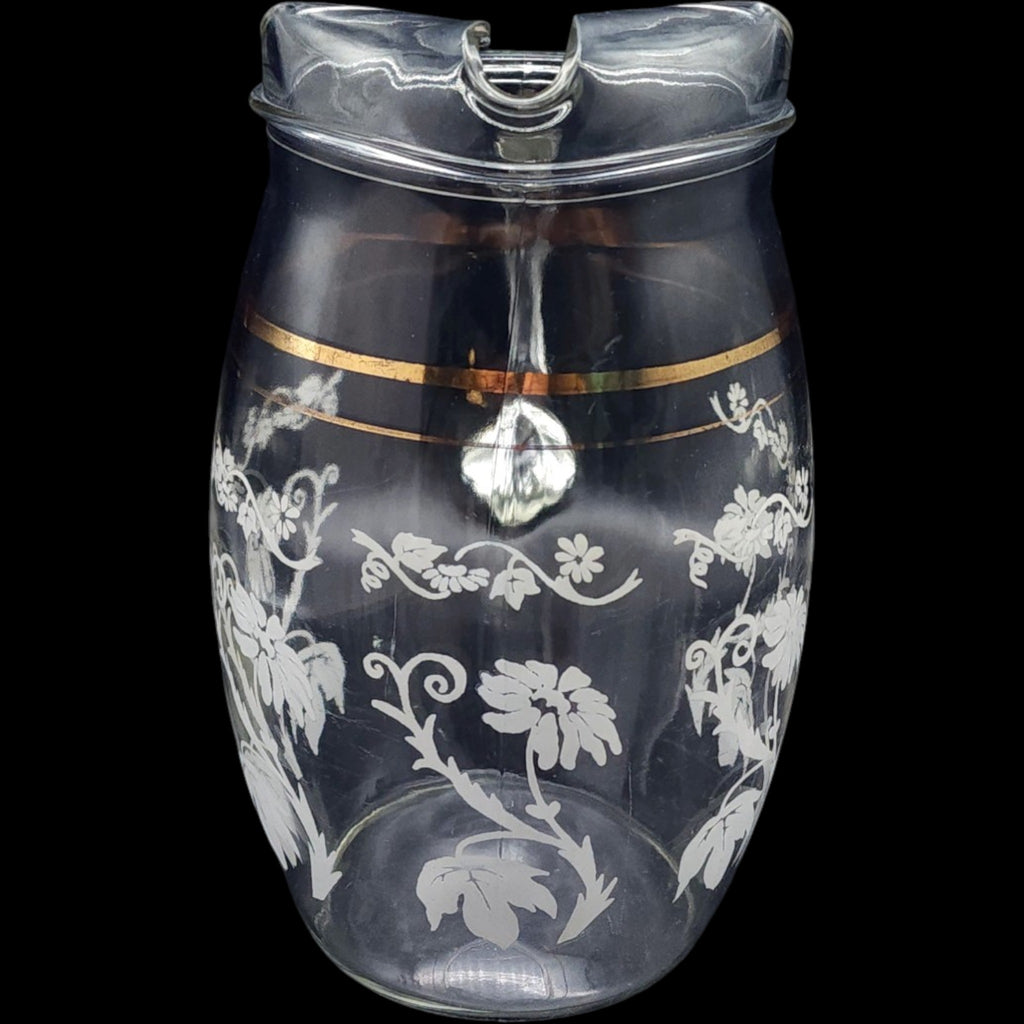 Bartlett Collins Clear Glass Pitcher with White Floral Pattern and Gold Trim