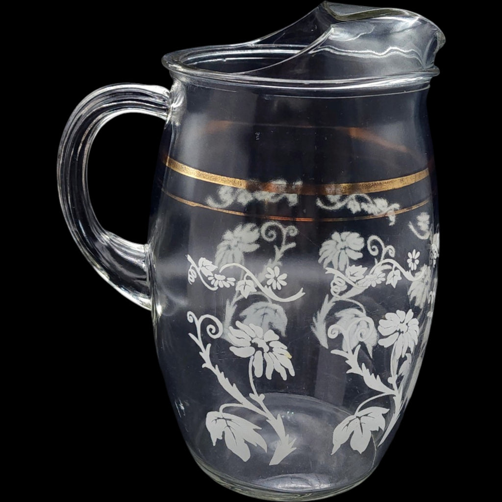 Bartlett Collins Clear Glass Pitcher with White Floral Pattern and Gold Trim