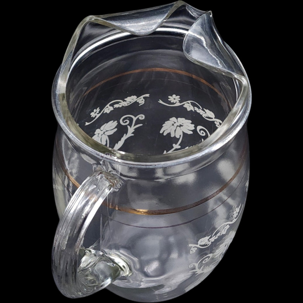 Bartlett Collins Clear Glass Pitcher with White Floral Pattern and Gold Trim