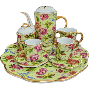 Baum Brothers Formalities Yellow Backgound, Pink Chintz Flowers10 Pc Miniature Tea Set