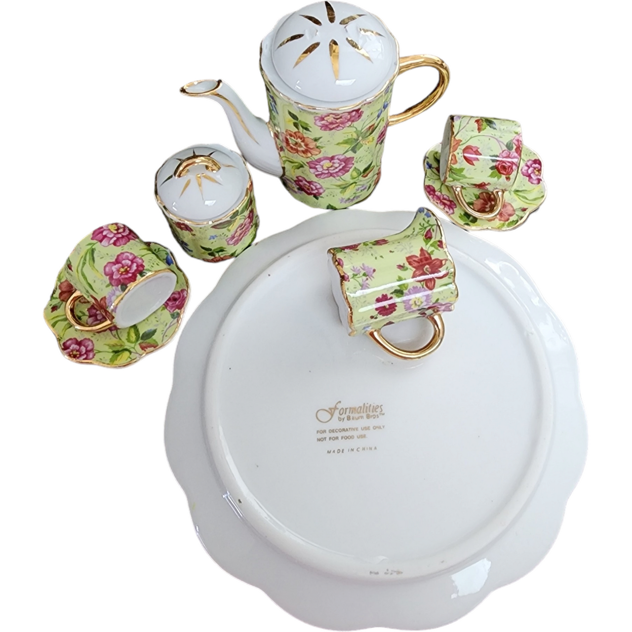 Baum Brothers Formalities Yellow Backgound, Pink Chintz Flowers10 Pc Miniature Tea Set