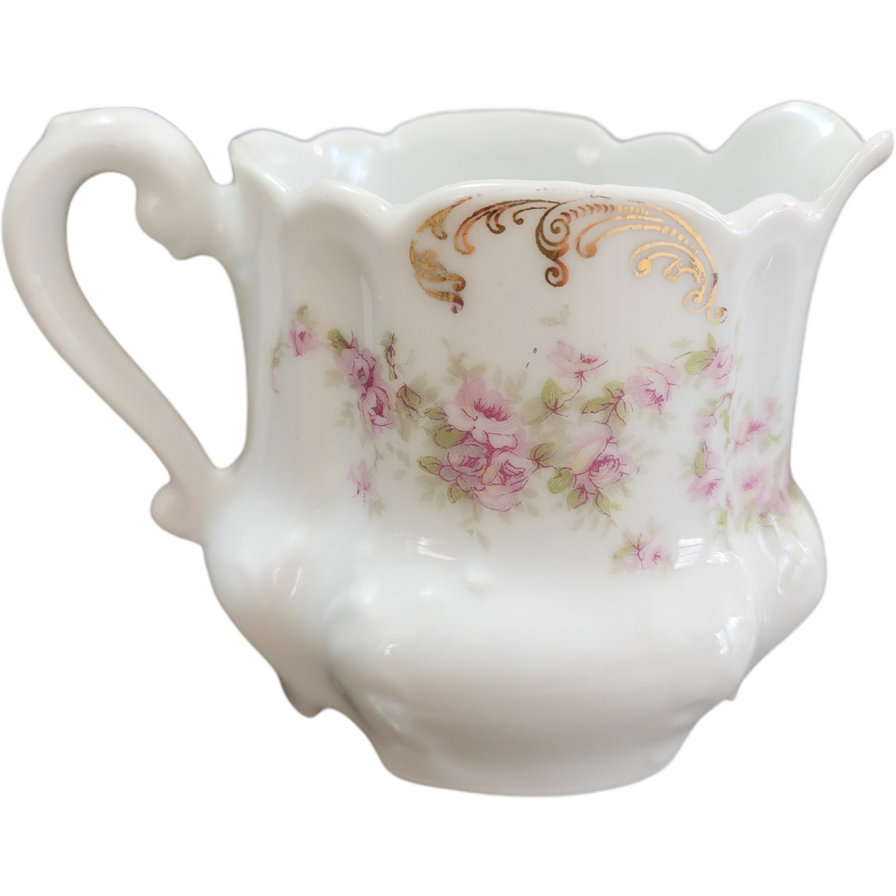 Bavarian Porcelain Hand-Painted Scalloped rim Creamer Pitcher Pink and White Floral Design