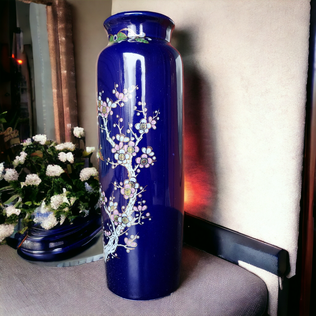 Bijutsu Toki Handpainted Cherry Blosdom Cobalt Blue Vase Japan