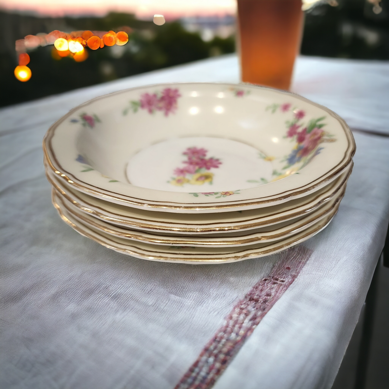 Black Knight Katona Cream Rim, Floral Gold Trim Fruit/Dessert Sauce Bowl Set of 4