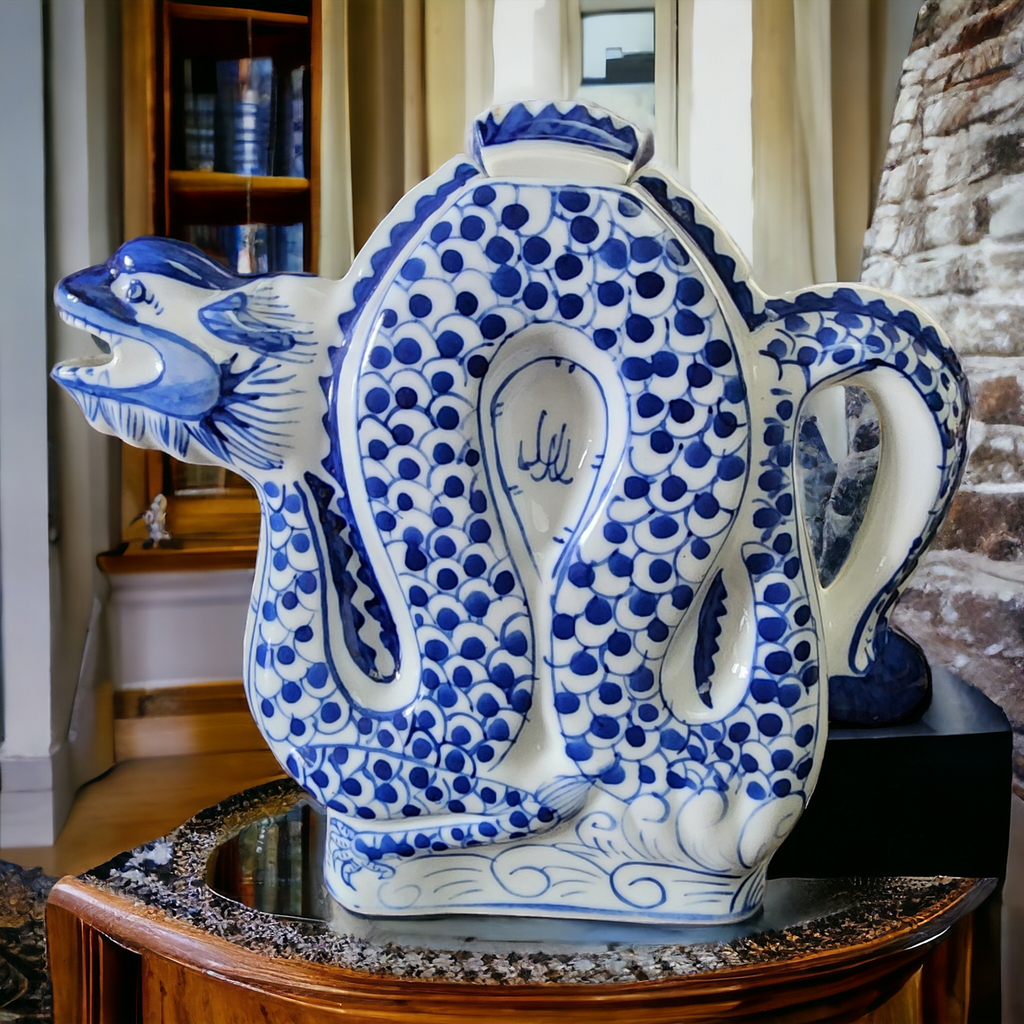 Blue & White Porcelain Dragon Shape Teapot Qianlong Nian Zhi Mark