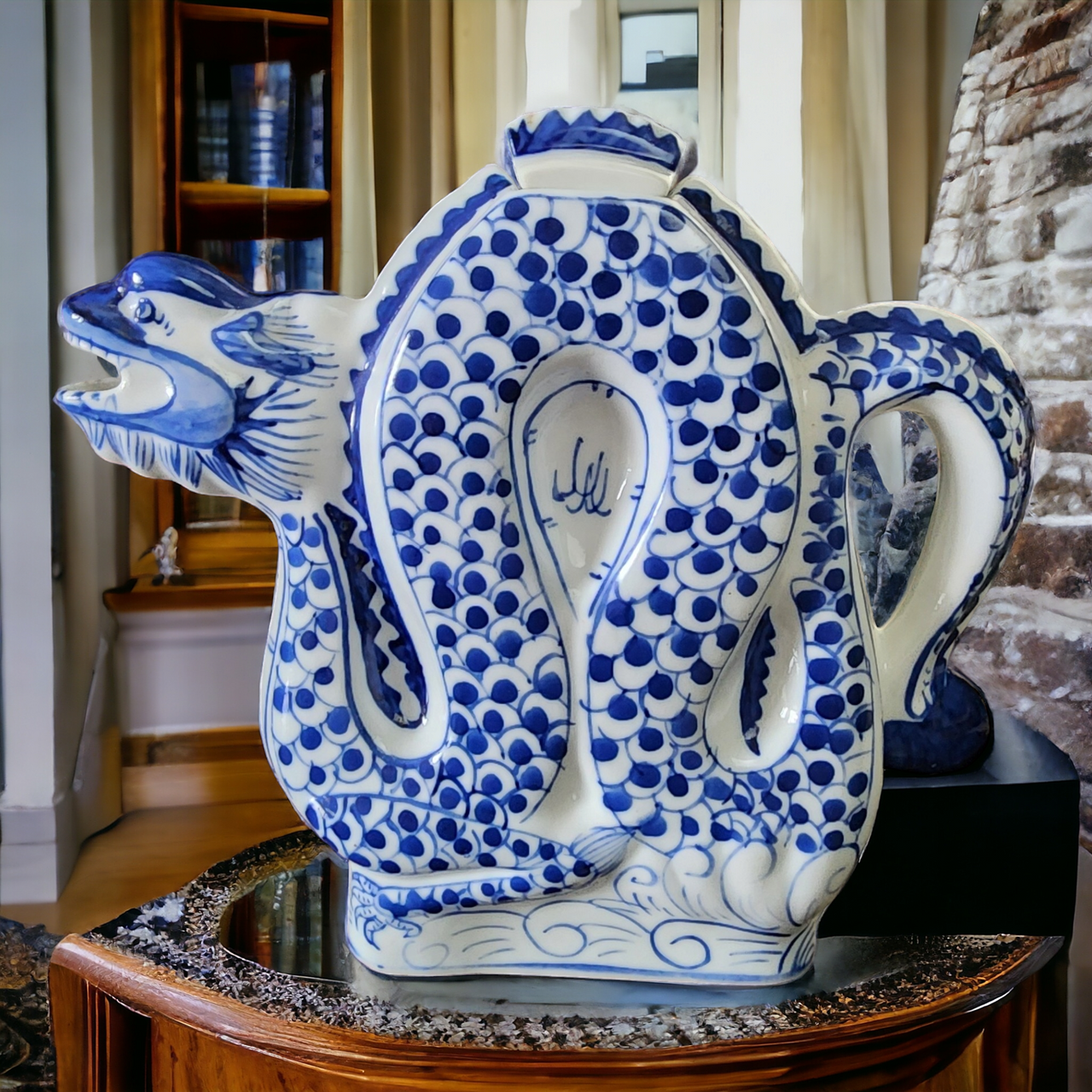Blue & White Porcelain Dragon Shape Teapot Qianlong Nian Zhi Mark