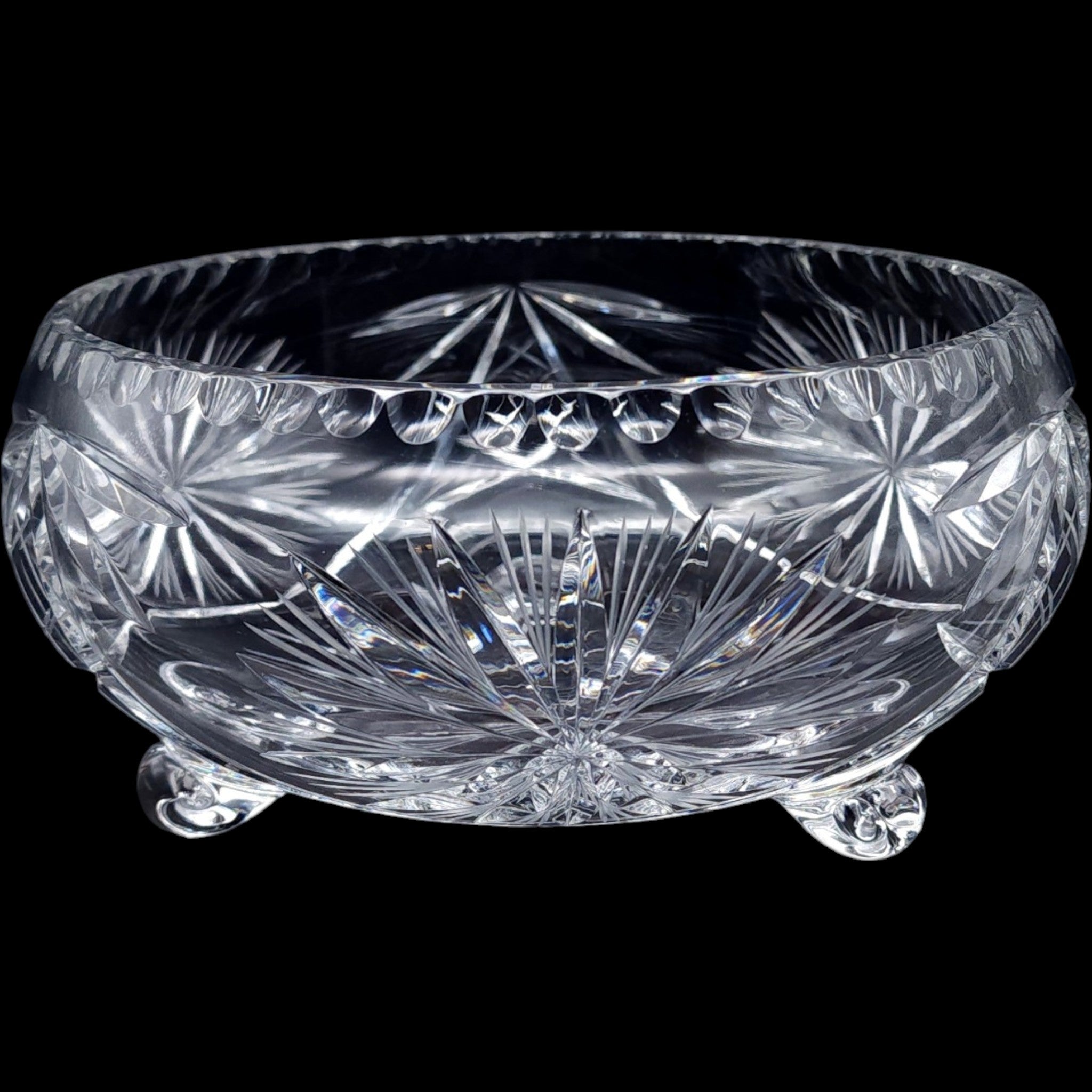 Vintage Bohemian Cut Crystal Three-Footed Bowl Pinwheel & Starburst