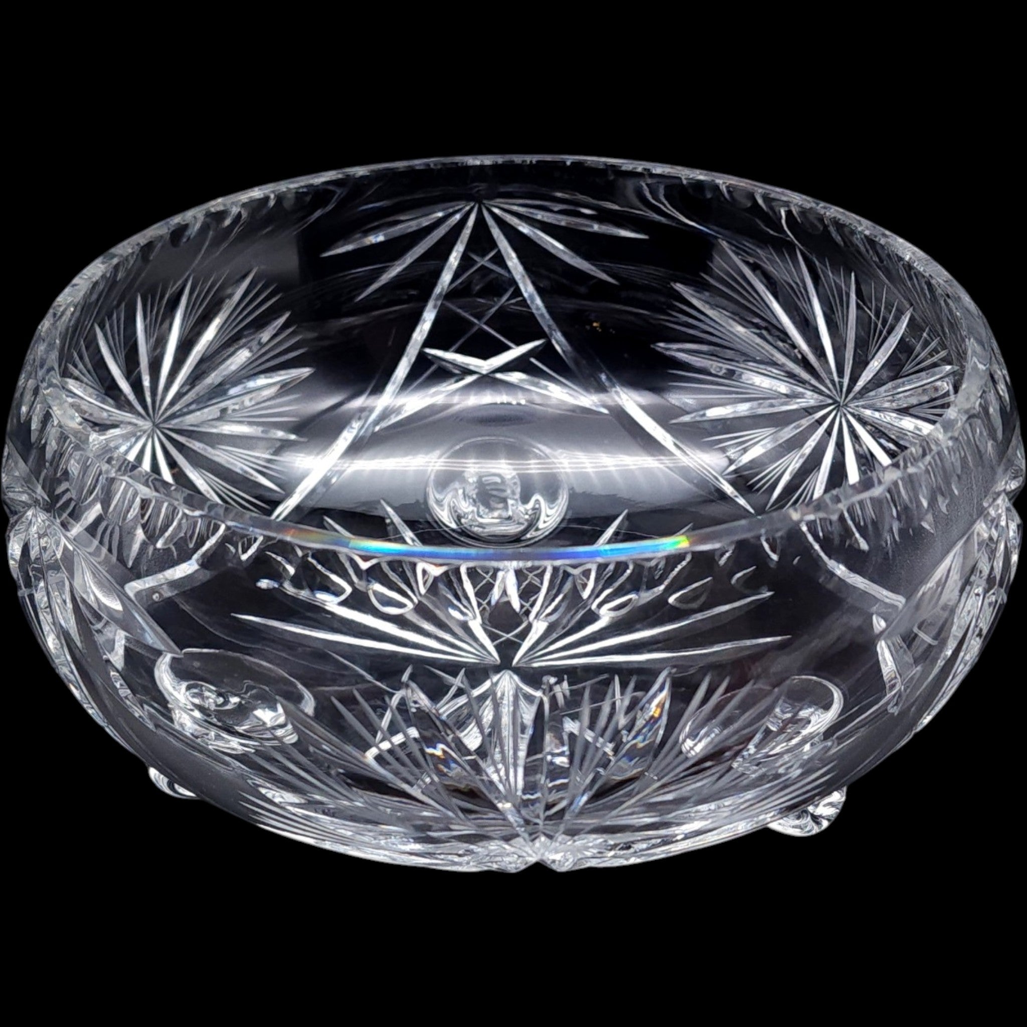 Vintage Bohemian Cut Crystal Three-Footed Bowl Pinwheel & Starburst