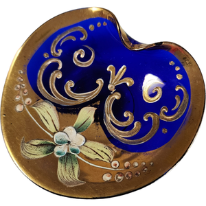 Bohemian Czech Cobalt Glass Hand Painted Raised Floral Trinket Dish
