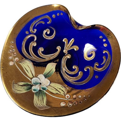 Bohemian Czech Cobalt Glass Hand Painted Raised Floral Trinket Dish