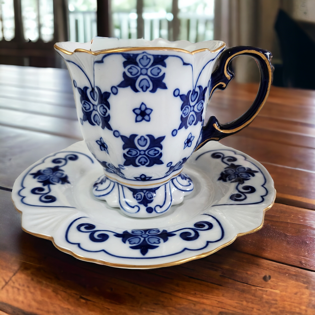 Bombay  Blue White Platinum Trim Star Design Footed Cup & Saucer Set