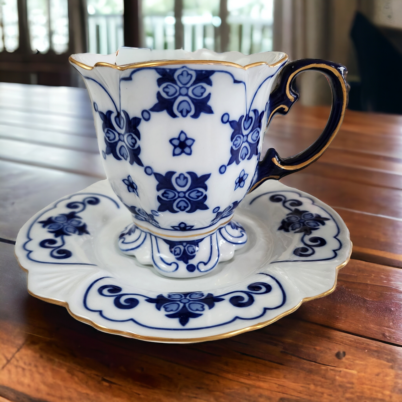 Bombay  Blue White Platinum Trim Star Design Footed Cup & Saucer Set