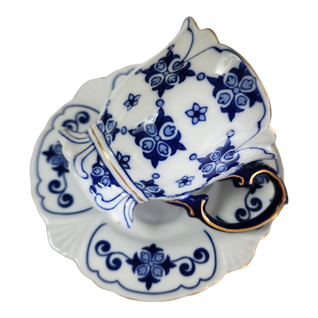 Bombay  Blue White Platinum Trim Star Design Footed Cup & Saucer Set