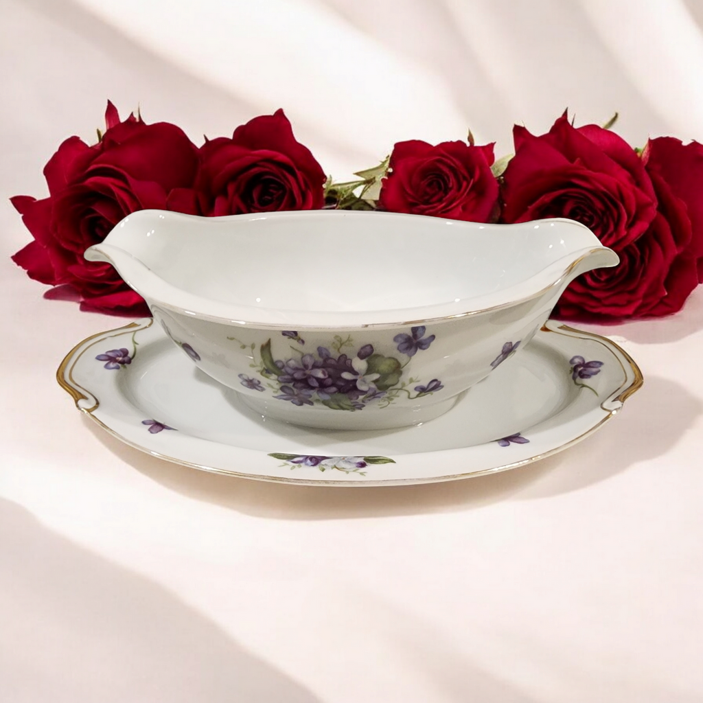 Boutonniere Fine China Japan Purple Violet Floral Gravy Boat with Attached Underplate