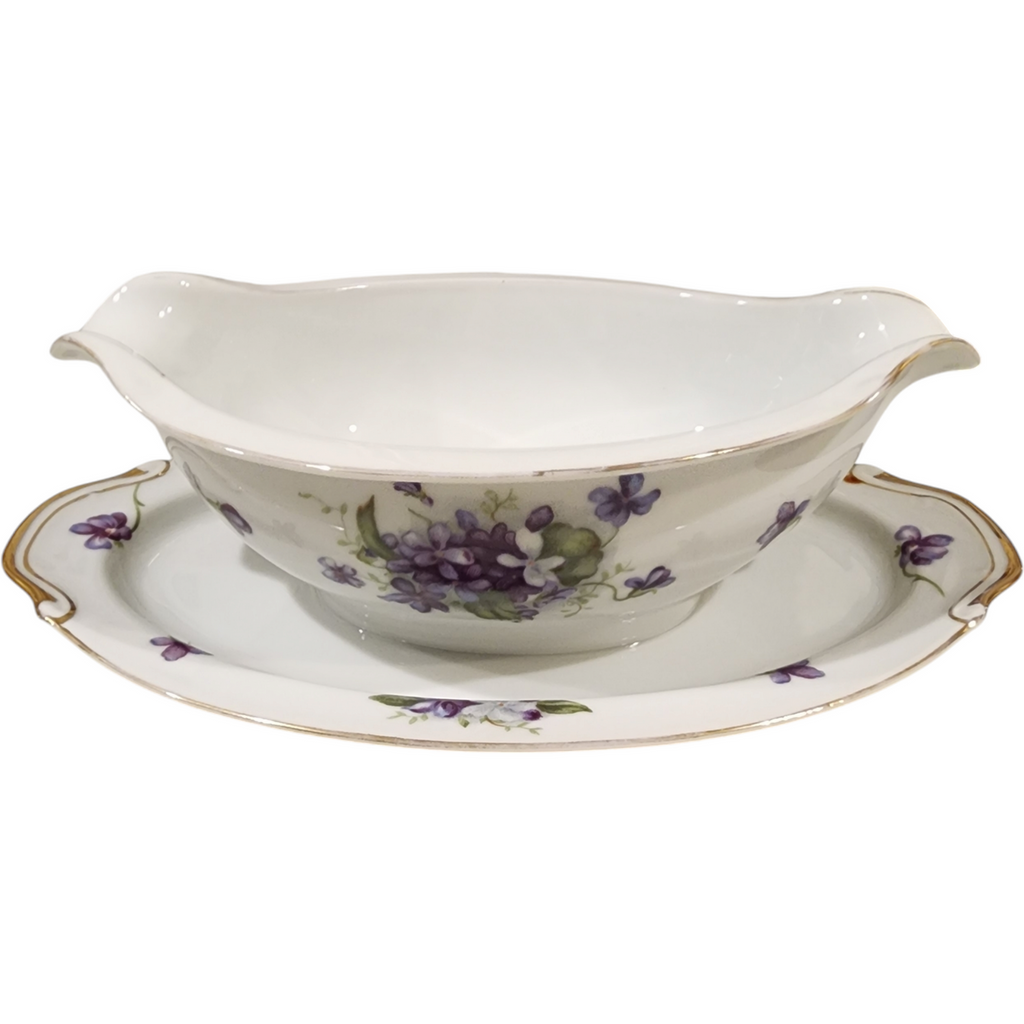 Boutonniere Fine China Japan Purple Violet Floral Gravy Boat with Attached Underplate