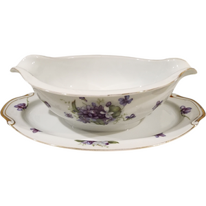 Boutonniere Fine China Japan Purple Violet Floral Gravy Boat with Attached Underplate