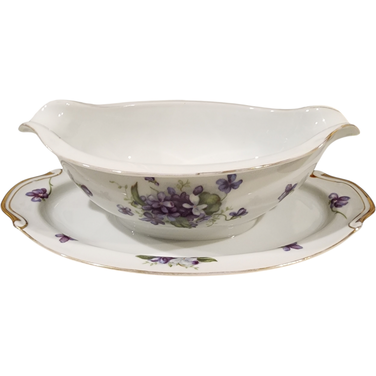 Boutonniere Fine China Japan Purple Violet Floral Gravy Boat with Attached Underplate