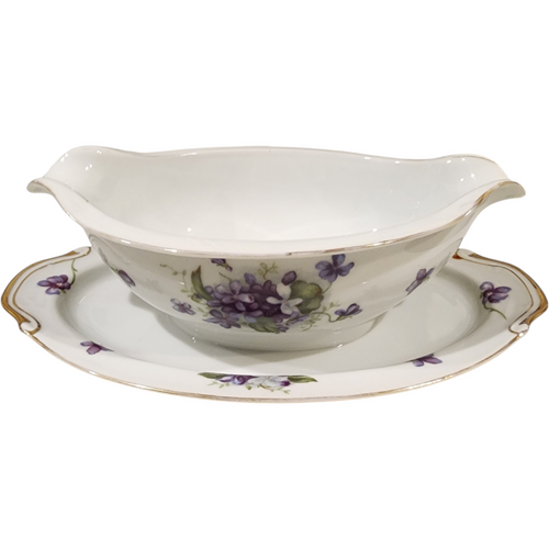 Boutonniere Fine China Japan Purple Violet Floral Gravy Boat with Attached Underplate
