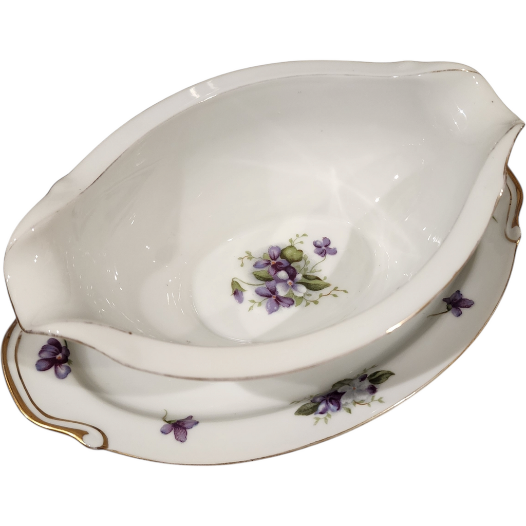 Boutonniere Fine China Japan Purple Violet Floral Gravy Boat with Attached Underplate