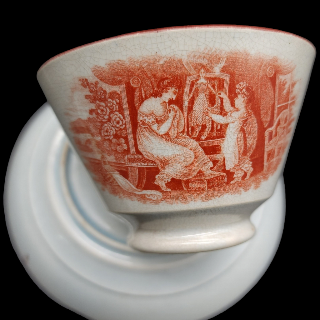 British Bat Print Shepherdess & Sheep Red Pearlware Tea Bowl & Saucer C. 1820