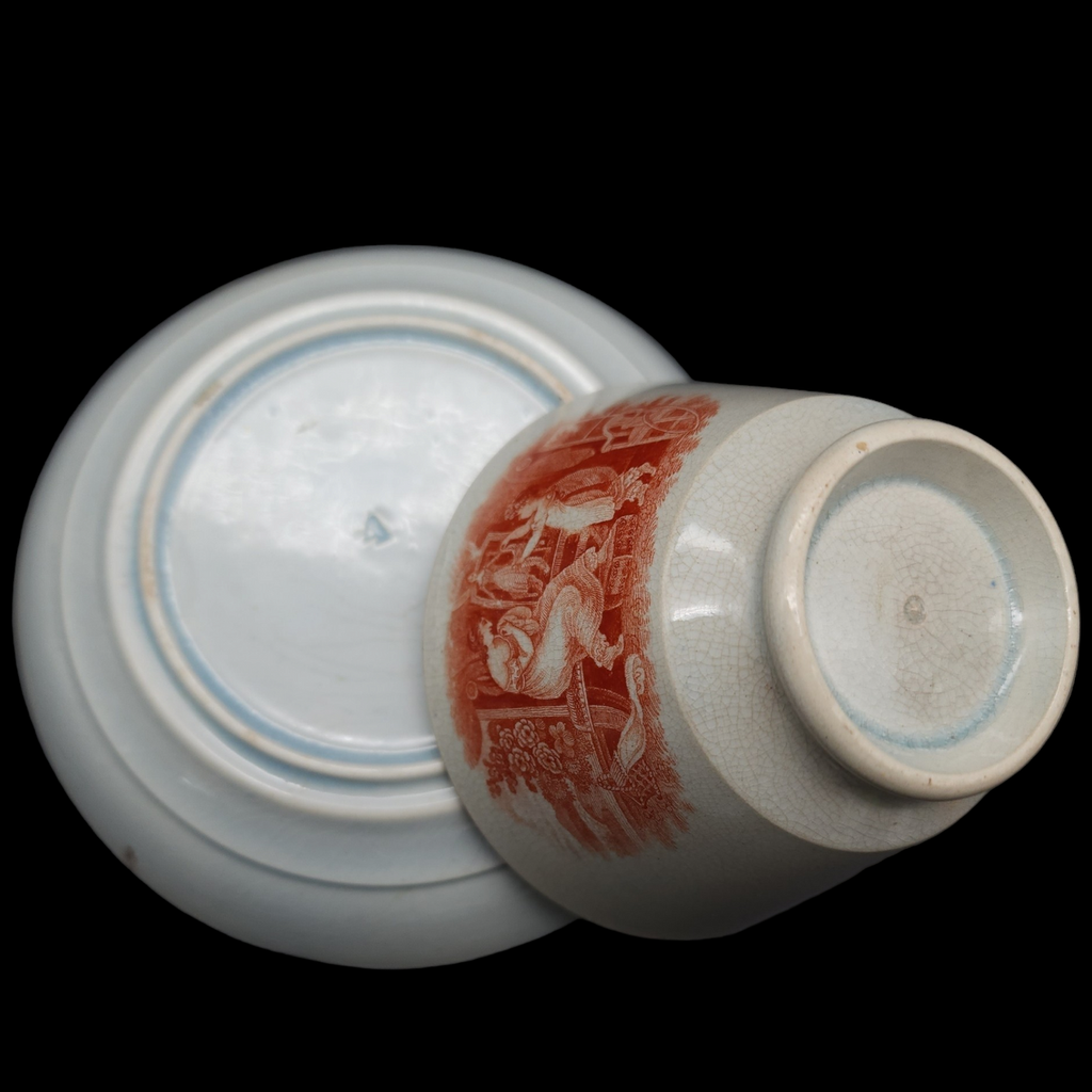 British Bat Print Shepherdess & Sheep Red Pearlware Tea Bowl & Saucer C. 1820