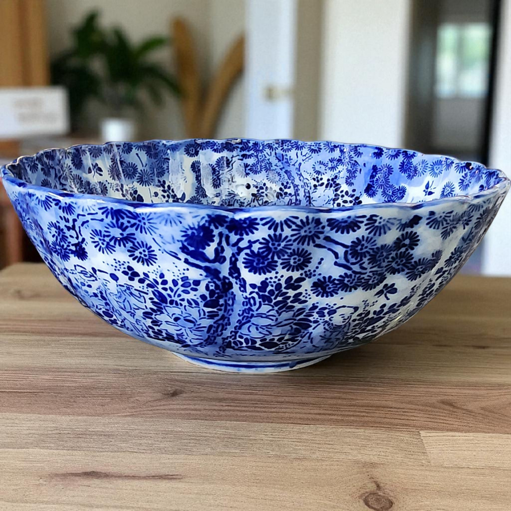 Antique Blue & White Porcelain Bowl  Chinese Export Floral Transferware  19th/20th Century