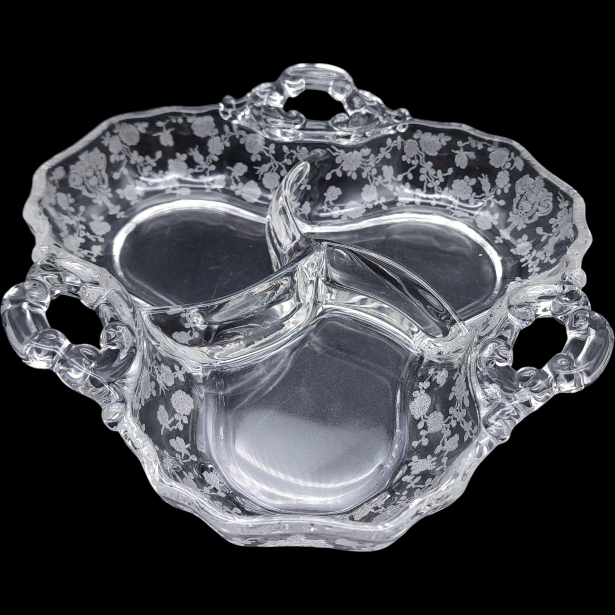 Cambridge Rose Point Clear 3-Part Divided Candy Relish Dish