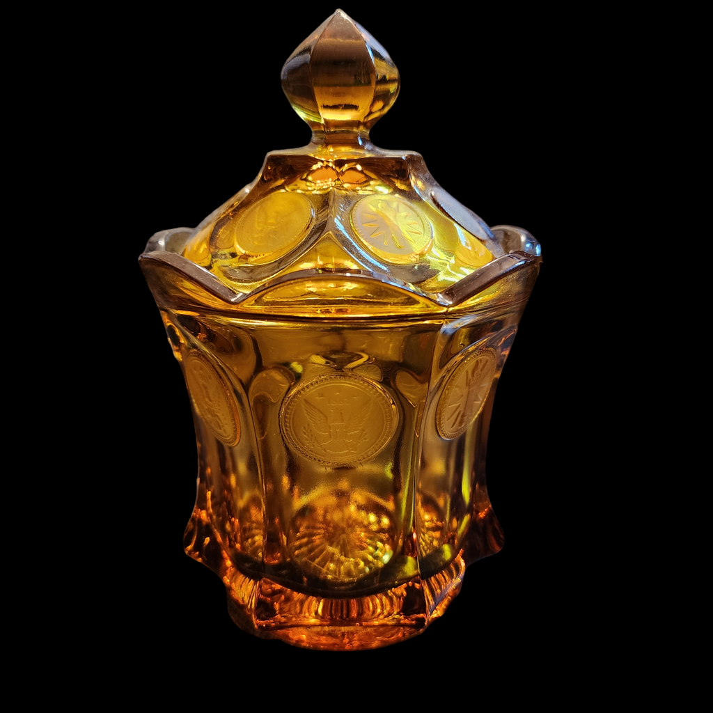 Fostoria Coin Glass Amber Candy Dish & Lid