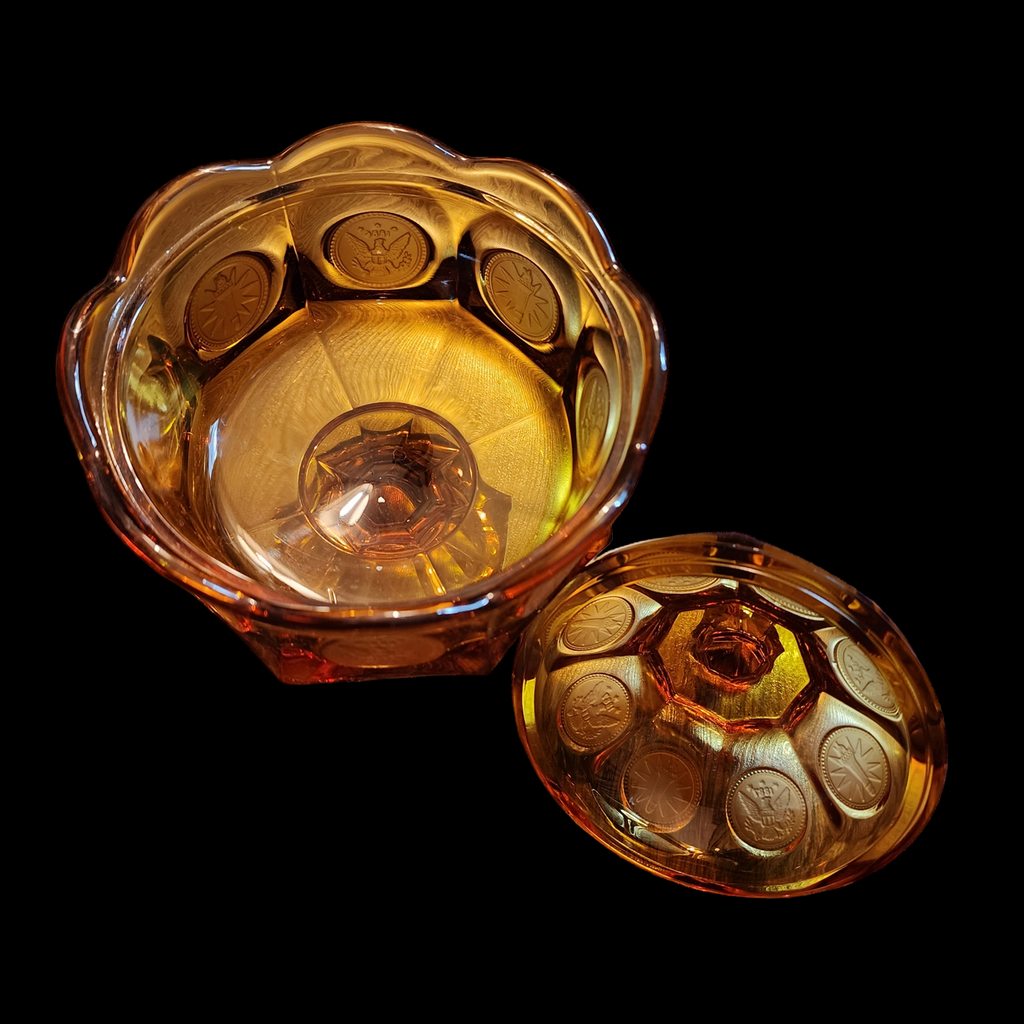 Fostoria Coin Glass Amber Candy Dish & Lid