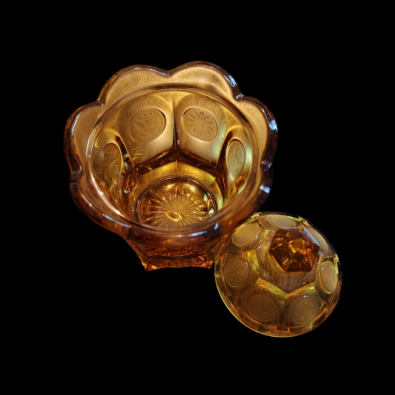 Fostoria Coin Glass Amber Candy Dish & Lid