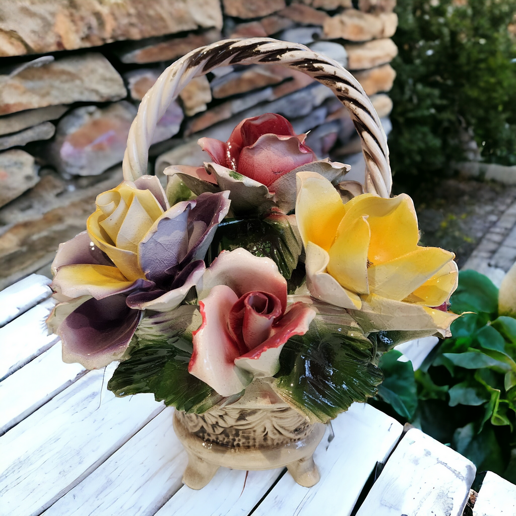 Capodimonte Giftware Large Handled Basket Of Flowers