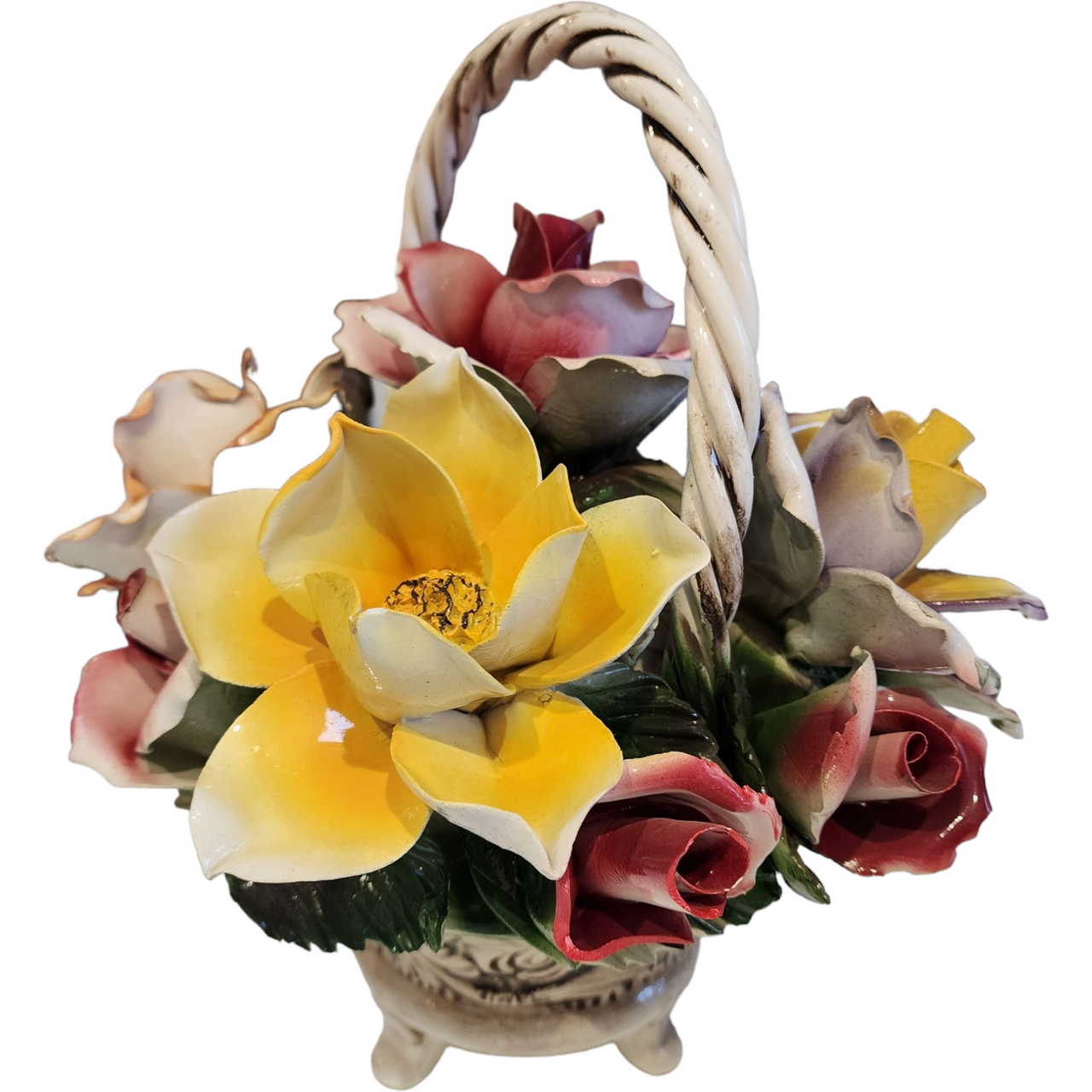 Capodimonte Giftware Large Handled Basket Of Flowers